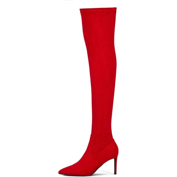 ⚡Women's Suede Red Sexy 4.3 inch Tang Thigh High Boots Over Knee Pointed Toe - Picture 4 of 9